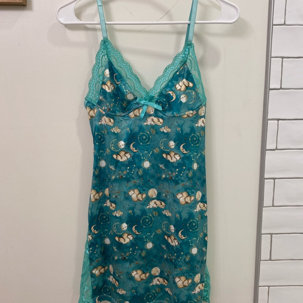 Teal Lace Trim Nightgown w/ Slit